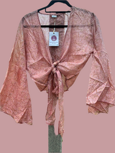 Silk tie top with wide sleeves